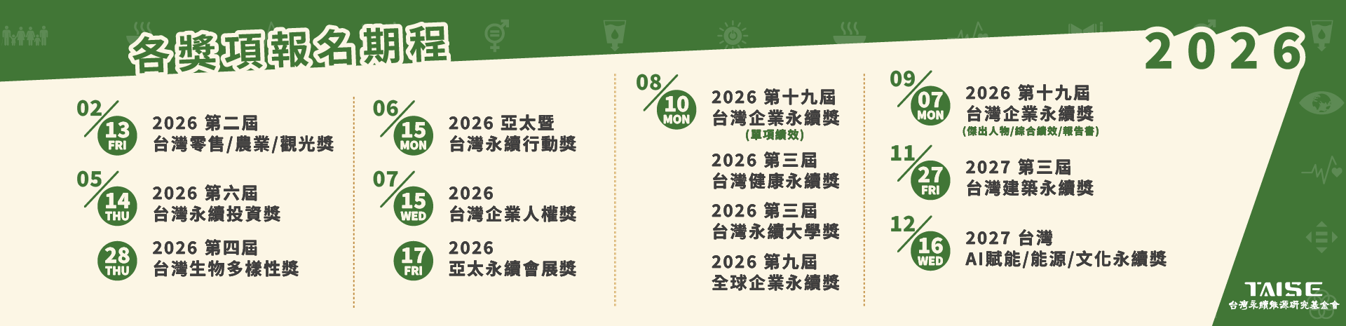 2026各獎項 徵件截止時程公告 
